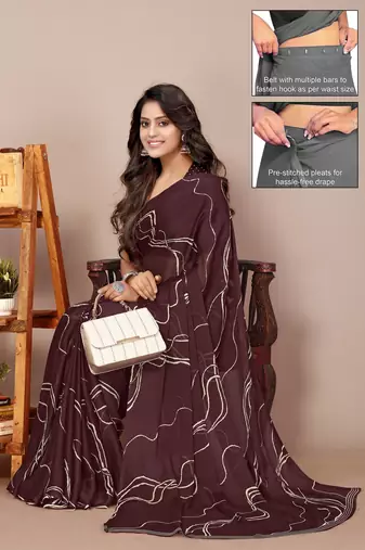 Women's brown geometric print chiffon ready to wear saree | pre draped party wear saree