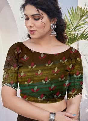 Women's brown floral print chiffon ready to wear saree | pre draped party wear saree 5