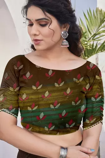 Women's brown floral print chiffon ready to wear saree | pre draped party wear saree
