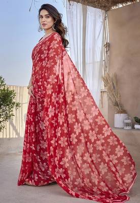 Women's red floral print chiffon ready to wear saree | pre draped party wear saree 3
