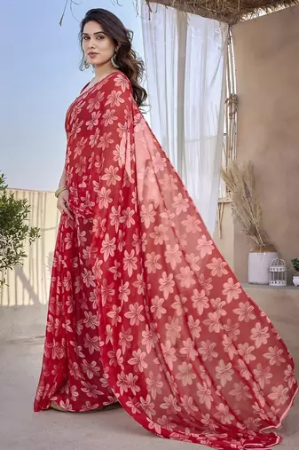 Women's red floral print chiffon ready to wear saree | pre draped party wear saree