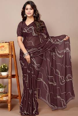 Women's brown geometric print chiffon ready to wear saree | pre draped party wear saree 1