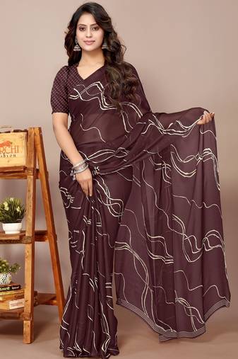 Women's brown geometric print chiffon ready to wear saree | pre draped party wear saree
