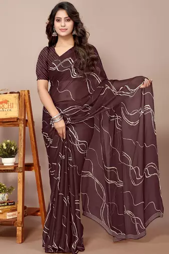 Women's brown geometric print chiffon ready to wear saree | pre draped party wear saree