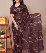 Women's brown geometric print chiffon ready to wear saree | pre draped party wear saree
