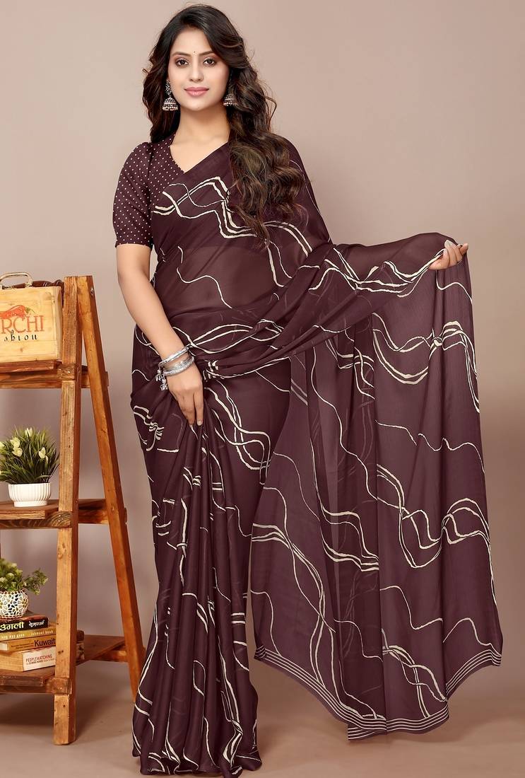 Women's brown geometric print chiffon ready to wear saree | pre draped party wear saree