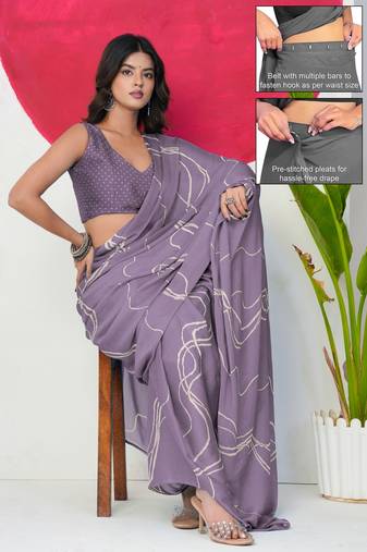 Women's purple geometric print chiffon ready to wear saree | pre draped party wear saree