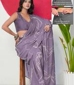 Women's purple geometric print chiffon ready to wear saree | pre draped party wear saree