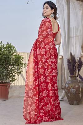 Women's red floral print chiffon ready to wear saree | pre draped party wear saree 4