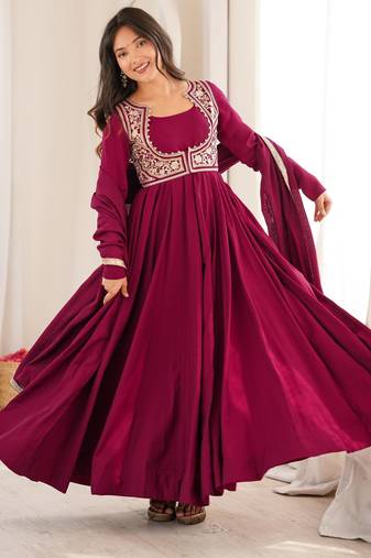 Women's Beautiful Solid Roman Chanderi Silk Fabric Flared Anarkali Pant Jacket and Dupatta Set