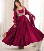 Women's Beautiful Solid Roman Chanderi Silk Fabric Flared Anarkali Pant Jacket and Dupatta Set