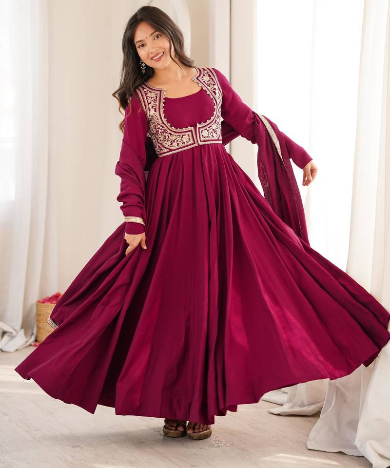 Women's Beautiful Solid Roman Chanderi Silk Fabric Flared Anarkali Pant Jacket and Dupatta Set