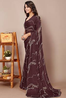 Women's brown geometric print chiffon ready to wear saree | pre draped party wear saree 3
