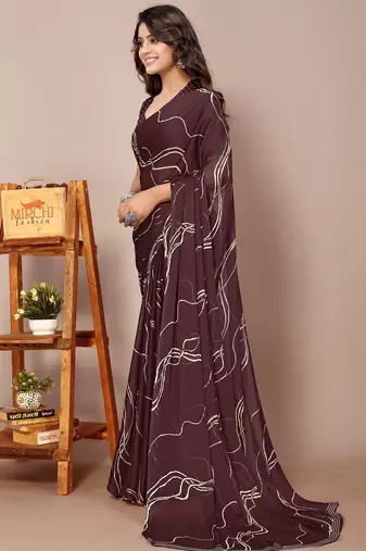Women's brown geometric print chiffon ready to wear saree | pre draped party wear saree