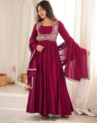 Women's Beautiful Solid Roman Chanderi Silk Fabric Flared Anarkali Pant Jacket and Dupatta Set 3