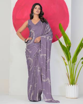 Women's purple geometric print chiffon ready to wear saree | pre draped party wear saree 2