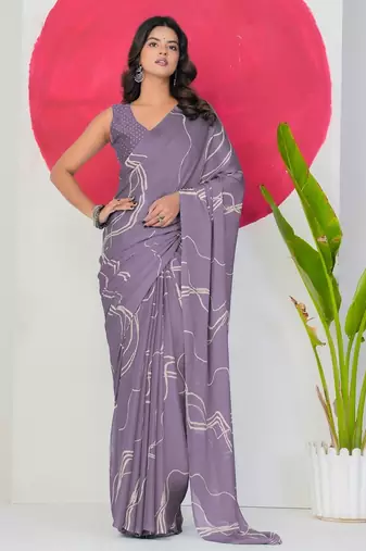 Women's purple geometric print chiffon ready to wear saree | pre draped party wear saree