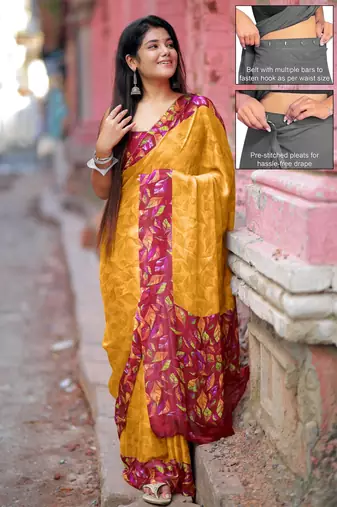 Women's mustard floral print chiffon ready to wear saree | pre draped party wear saree