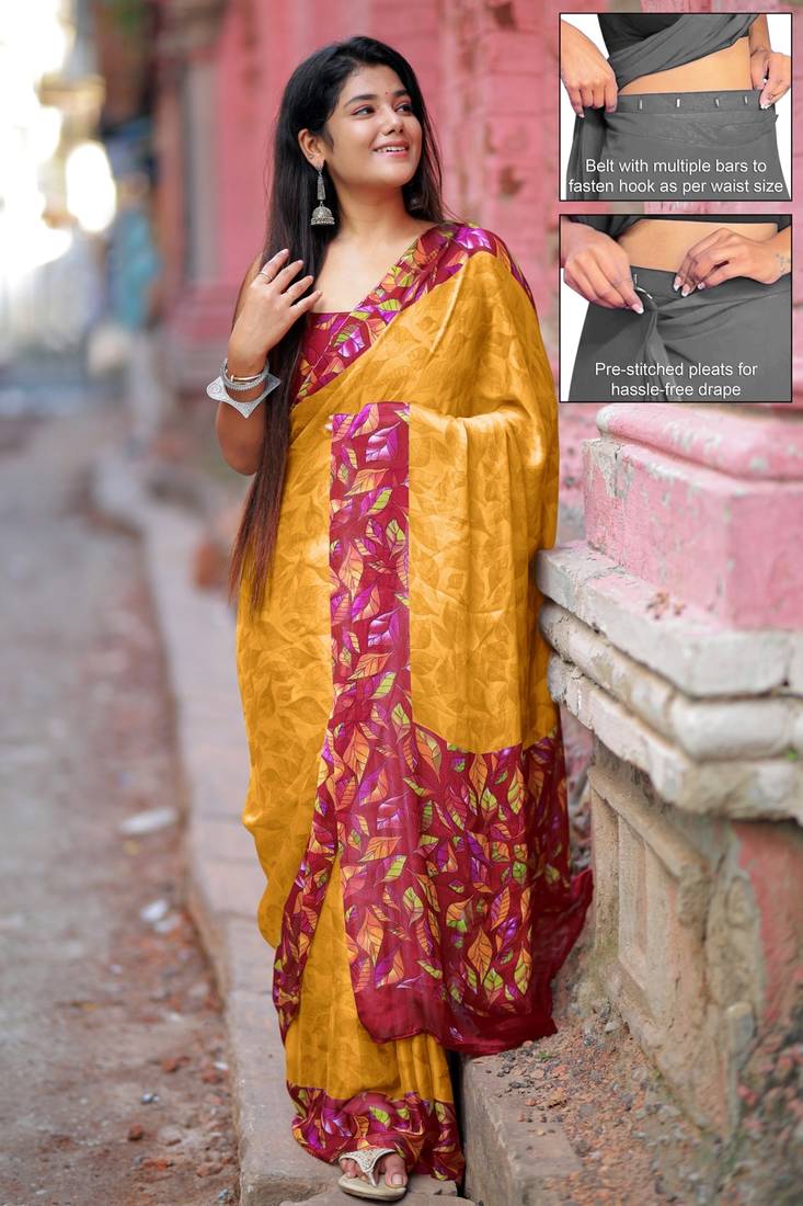 Women's mustard floral print chiffon ready to wear saree | pre draped party wear saree