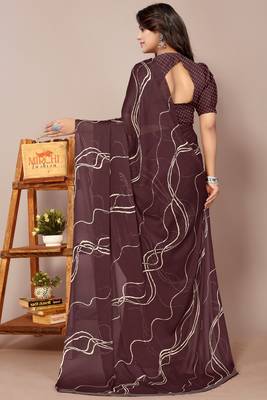 Women's brown geometric print chiffon ready to wear saree | pre draped party wear saree 4