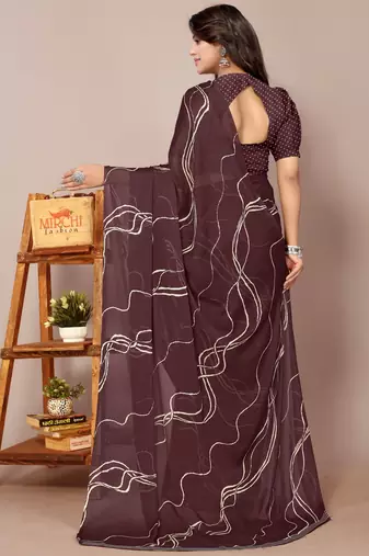 Women's brown geometric print chiffon ready to wear saree | pre draped party wear saree