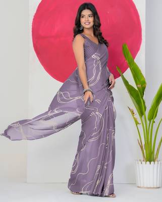 Women's purple geometric print chiffon ready to wear saree | pre draped party wear saree 3