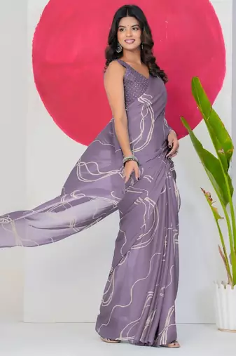 Women's purple geometric print chiffon ready to wear saree | pre draped party wear saree