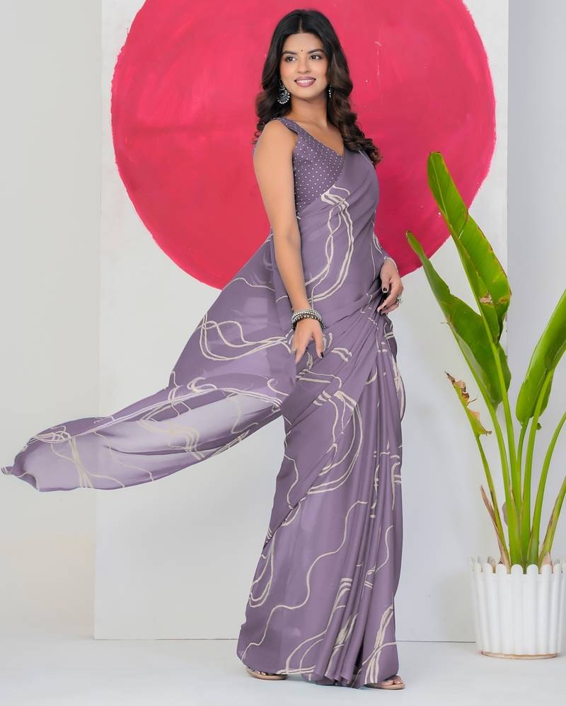 Women's purple geometric print chiffon ready to wear saree | pre draped party wear saree