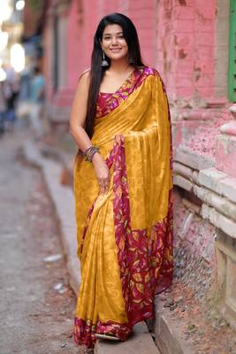 Women's mustard floral print chiffon ready to wear saree | pre draped party wear saree 1