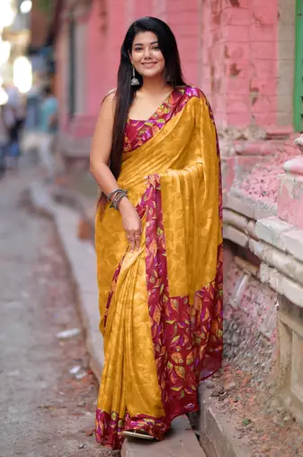 Women's mustard floral print chiffon ready to wear saree | pre draped party wear saree