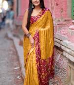 Women's mustard floral print chiffon ready to wear saree | pre draped party wear saree