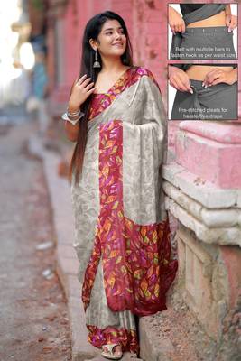 Women's grey floral print chiffon ready to wear saree | pre draped party wear saree 1