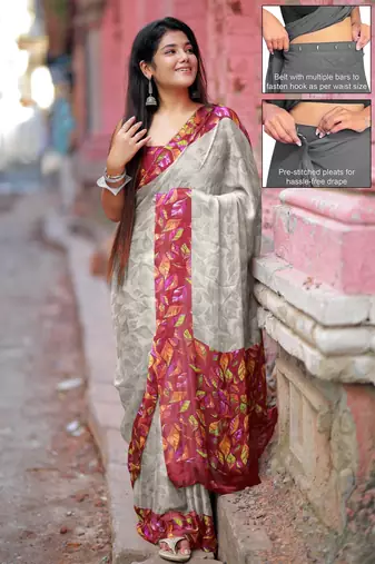 Women's grey floral print chiffon ready to wear saree | pre draped party wear saree