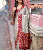 Women's grey floral print chiffon ready to wear saree | pre draped party wear saree