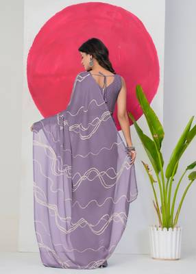 Women's purple geometric print chiffon ready to wear saree | pre draped party wear saree 4