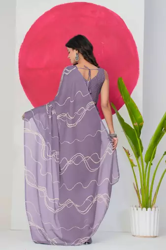 Women's purple geometric print chiffon ready to wear saree | pre draped party wear saree