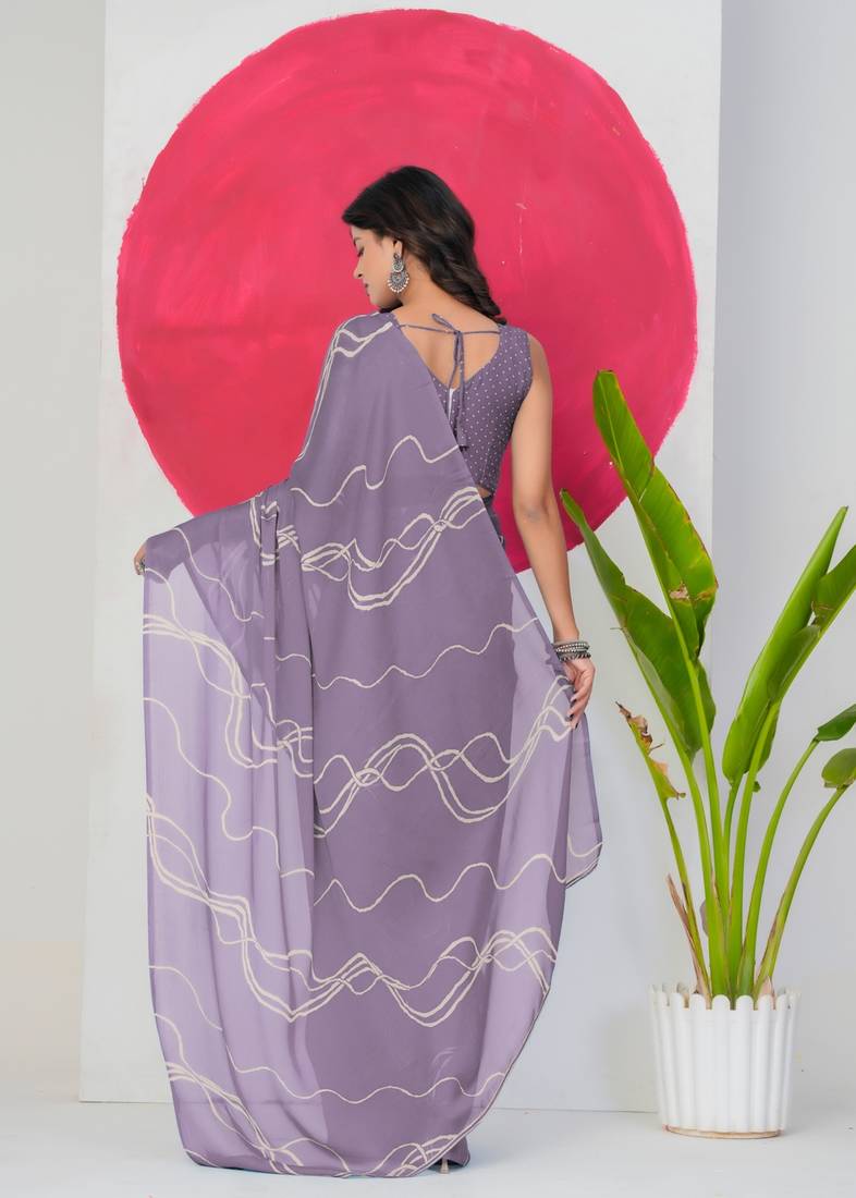 Women's purple geometric print chiffon ready to wear saree | pre draped party wear saree