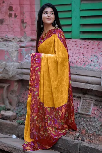 Women's mustard floral print chiffon ready to wear saree | pre draped party wear saree