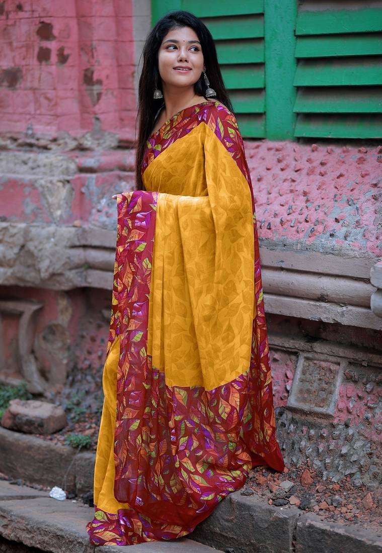 Women's mustard floral print chiffon ready to wear saree | pre draped party wear saree