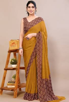Women's mustard solid chiffon ready to wear saree | pre draped party wear saree 1