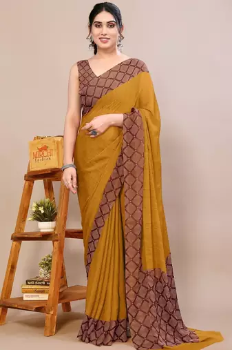 Women's mustard solid chiffon ready to wear saree | pre draped party wear saree