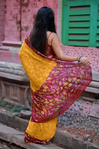 Women's mustard floral print chiffon ready to wear saree | pre draped party wear saree