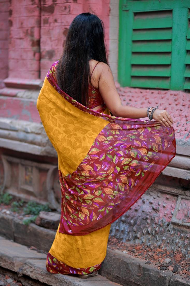 Women's mustard floral print chiffon ready to wear saree | pre draped party wear saree