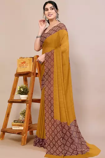 Women's mustard solid chiffon ready to wear saree | pre draped party wear saree