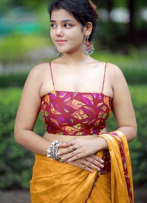 Women's mustard floral print chiffon ready to wear saree | pre draped party wear saree 5