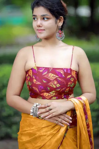 Women's mustard floral print chiffon ready to wear saree | pre draped party wear saree