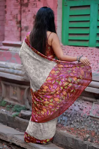 Women's grey floral print chiffon ready to wear saree | pre draped party wear saree