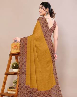Women's mustard solid chiffon ready to wear saree | pre draped party wear saree 4