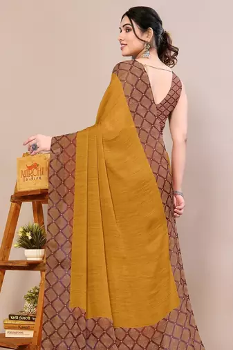 Women's mustard solid chiffon ready to wear saree | pre draped party wear saree