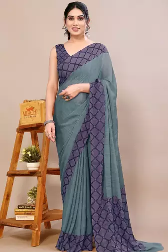 Women's teal solid chiffon ready to wear saree | pre draped party wear saree